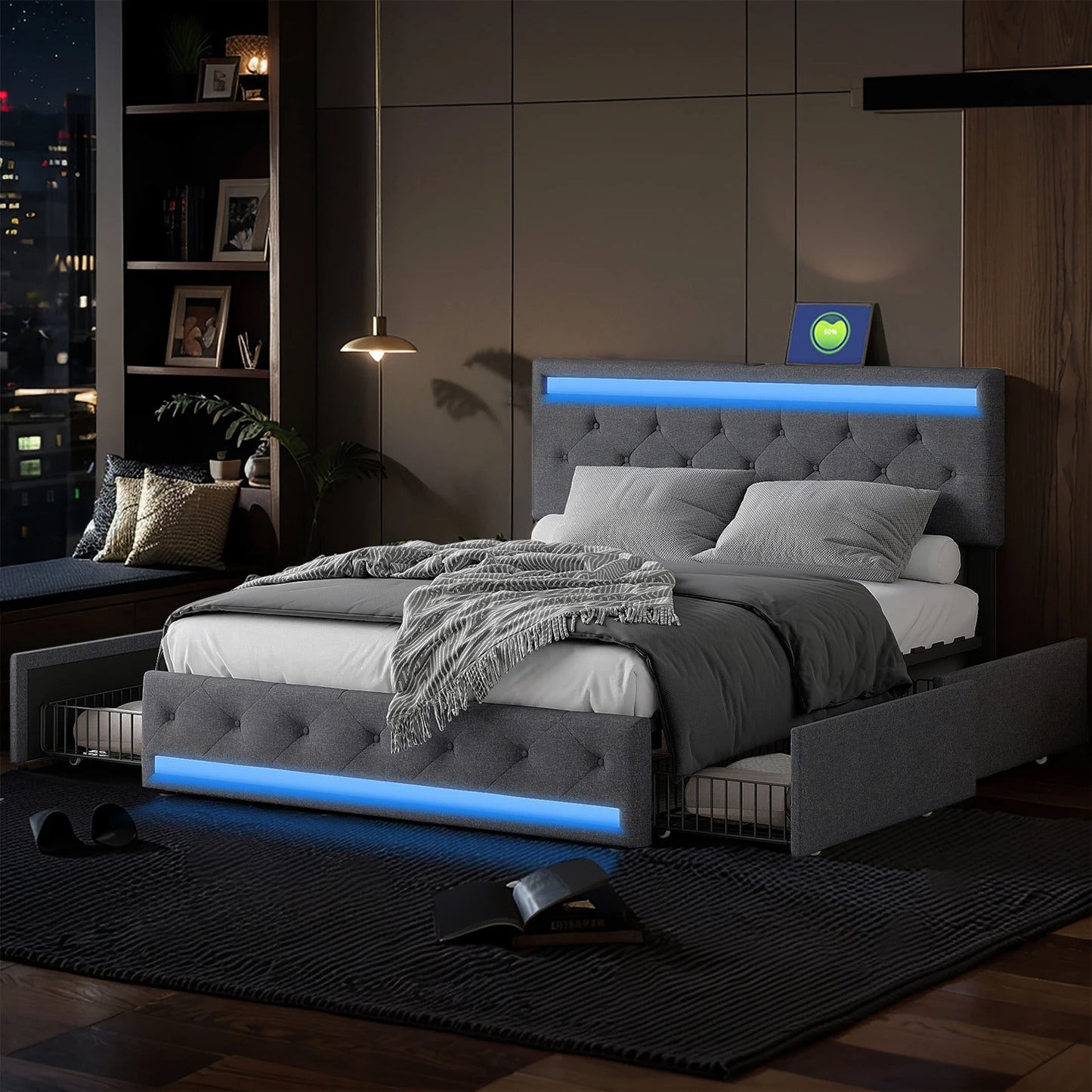 Upholstered bed 140x200 cm with USB charging headboard and LED lighting and 4 drawers, bed frame with double storage