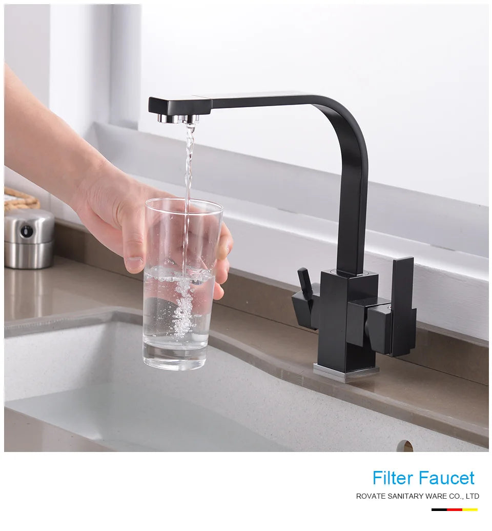 ROVATE Black Filtered Kitchen Faucet 3 Way Drinking Kitchen Water Filter Tap Cold and Hot Sink faucet