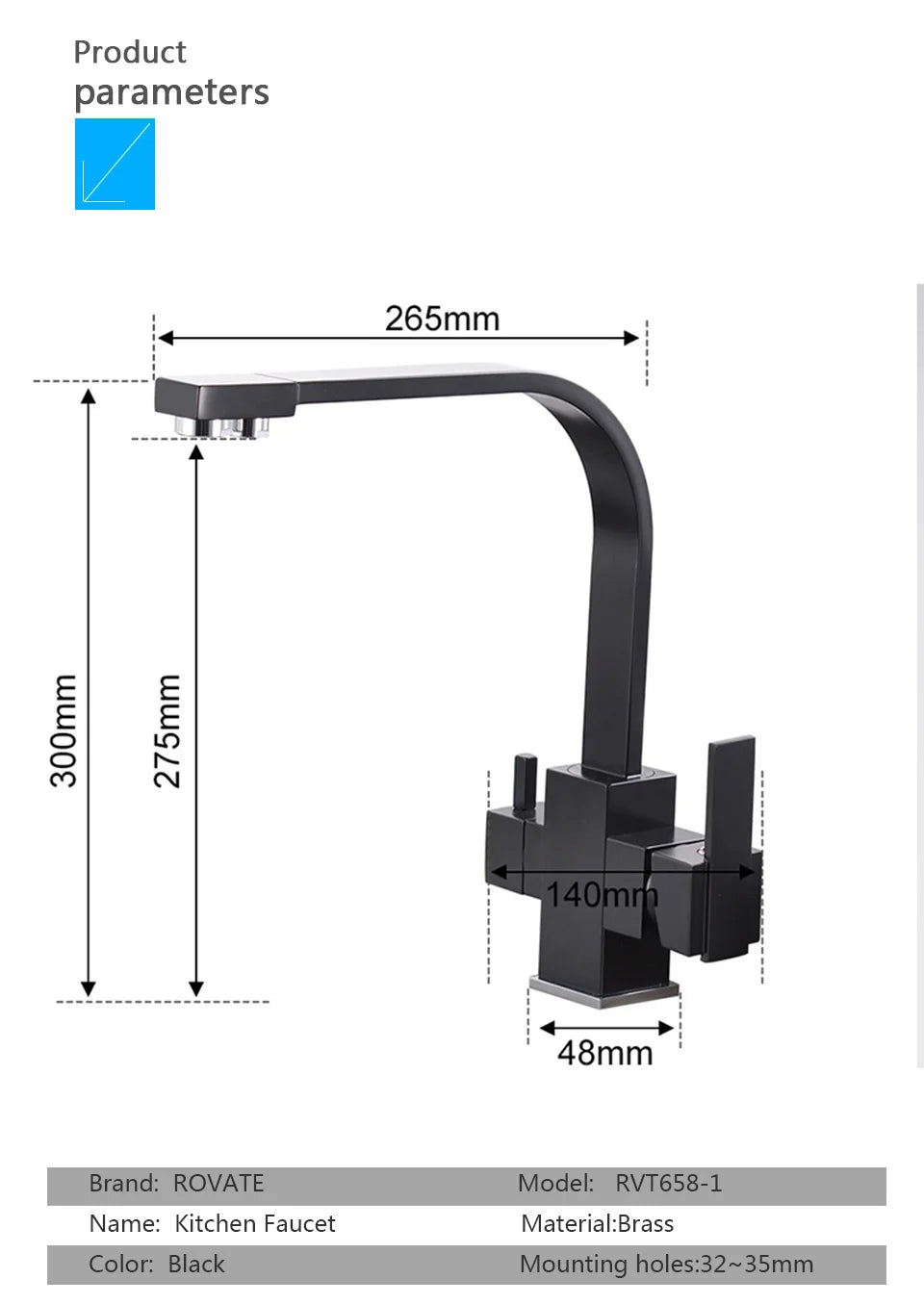ROVATE Black Filtered Kitchen Faucet 3 Way Drinking Kitchen Water Filter Tap Cold and Hot Sink faucet
