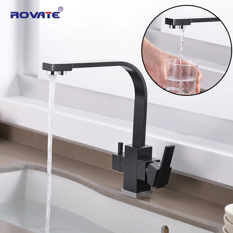 ROVATE Black Filtered Kitchen Faucet 3 Way Drinking Kitchen Water Filter Tap Cold and Hot Sink faucet