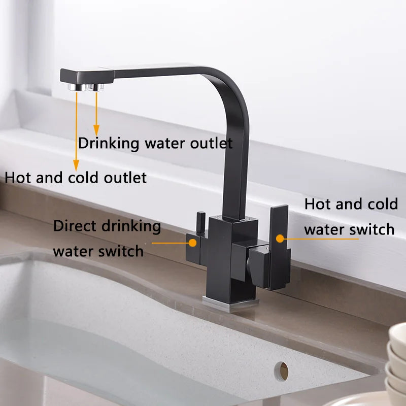 ROVATE Black Filtered Kitchen Faucet 3 Way Drinking Kitchen Water Filter Tap Cold and Hot Sink faucet