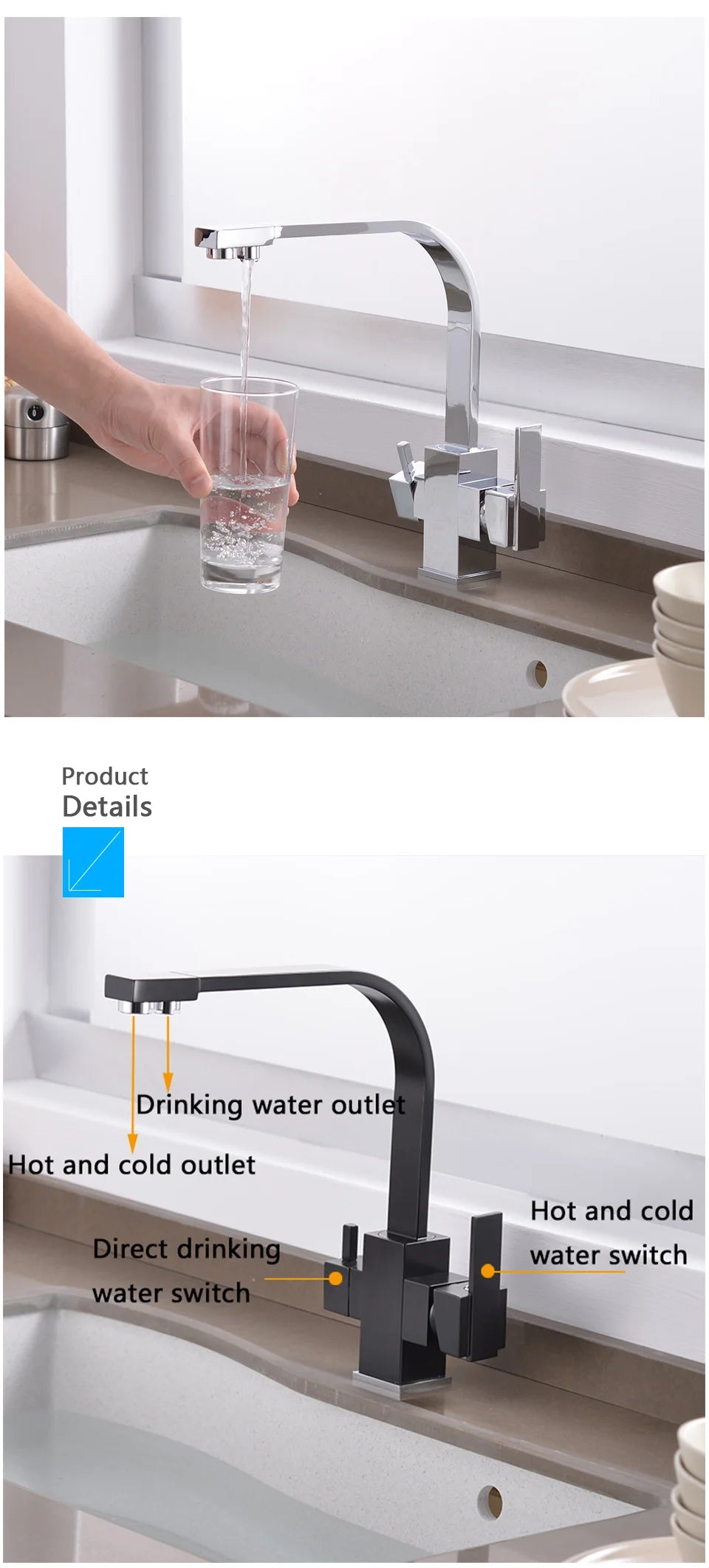 ROVATE Black Filtered Kitchen Faucet 3 Way Drinking Kitchen Water Filter Tap Cold and Hot Sink faucet