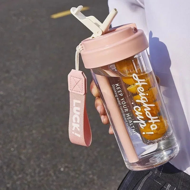 600ML Water Cup Handy Sports Water Bottle Food Grade Material Tea Partition Water Cup Female Straw Summer Portable Bottle