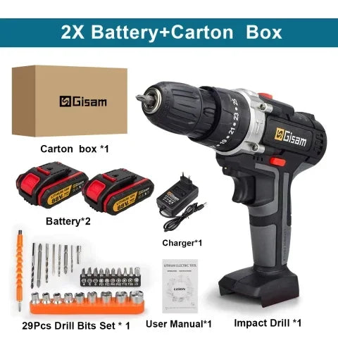 25+3 Torque Portable Cordless Power Drill Set Impact Screw Driver Electric Screwdriver with Rechargeable Battery Power Tool