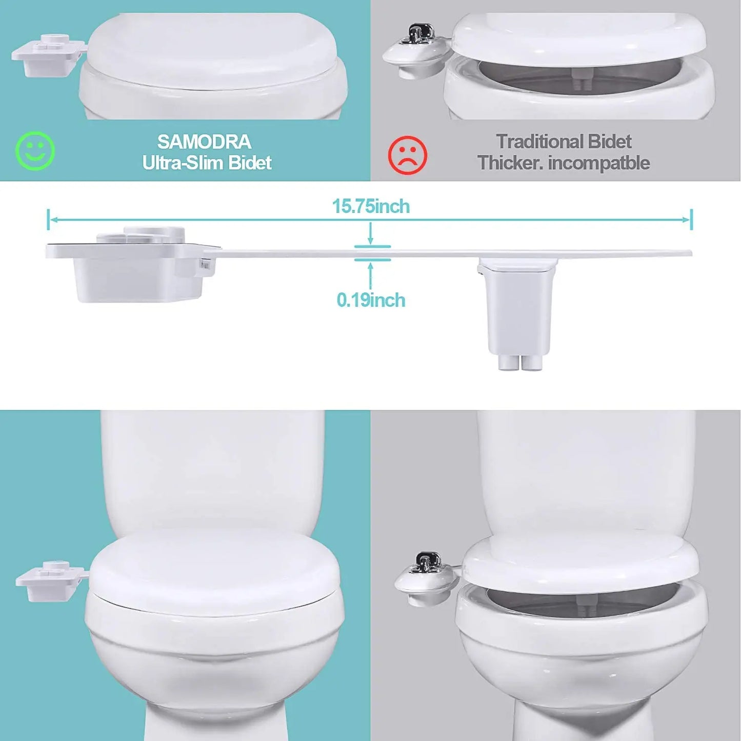 Samodra Toilet Bidet Shower Ultra-thin Bidet Toilet Seat Attachment Non-electric Bidet sprayer Dual Nozzles Frontal & Rear Wash