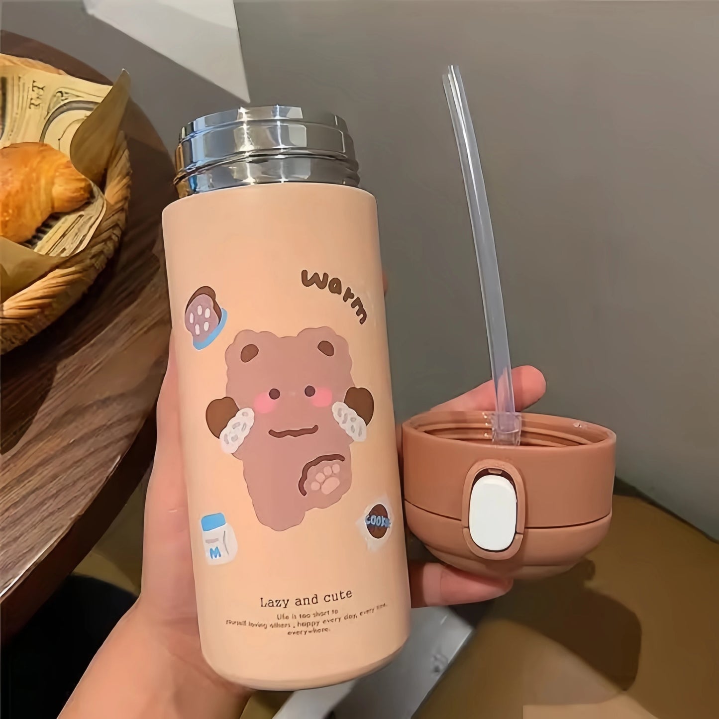 380ML Stainless Steel Thermos Vacuum Flask Cute Cartoon Thermal Bouncing Water Bottle Insulated Straw Cups Tumbler Drinkware