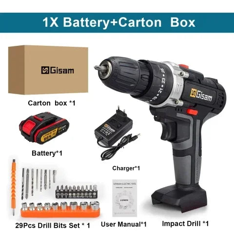 25+3 Torque Portable Cordless Power Drill Set Impact Screw Driver Electric Screwdriver with Rechargeable Battery Power Tool
