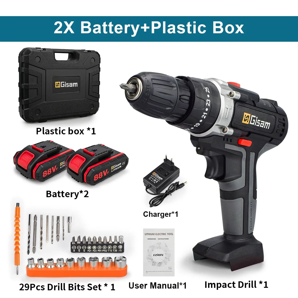 25+3 Torque Portable Cordless Power Drill Set Impact Screw Driver Electric Screwdriver with Rechargeable Battery Power Tool
