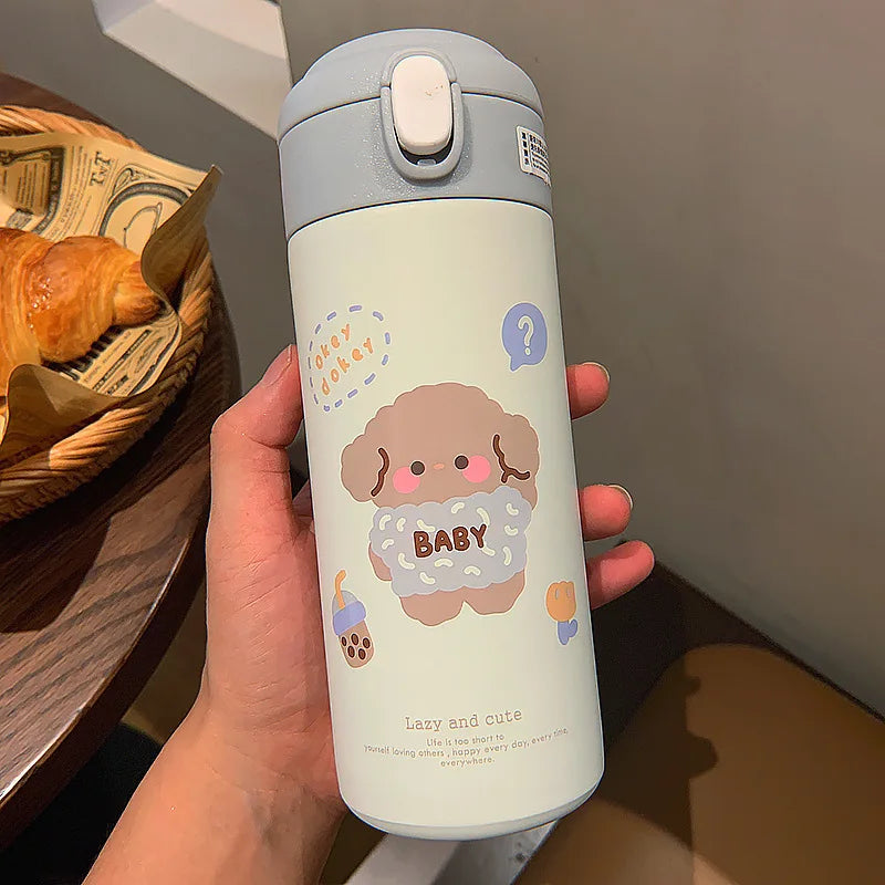 380ML Stainless Steel Thermos Vacuum Flask Cute Cartoon Thermal Bouncing Water Bottle Insulated Straw Cups Tumbler Drinkware