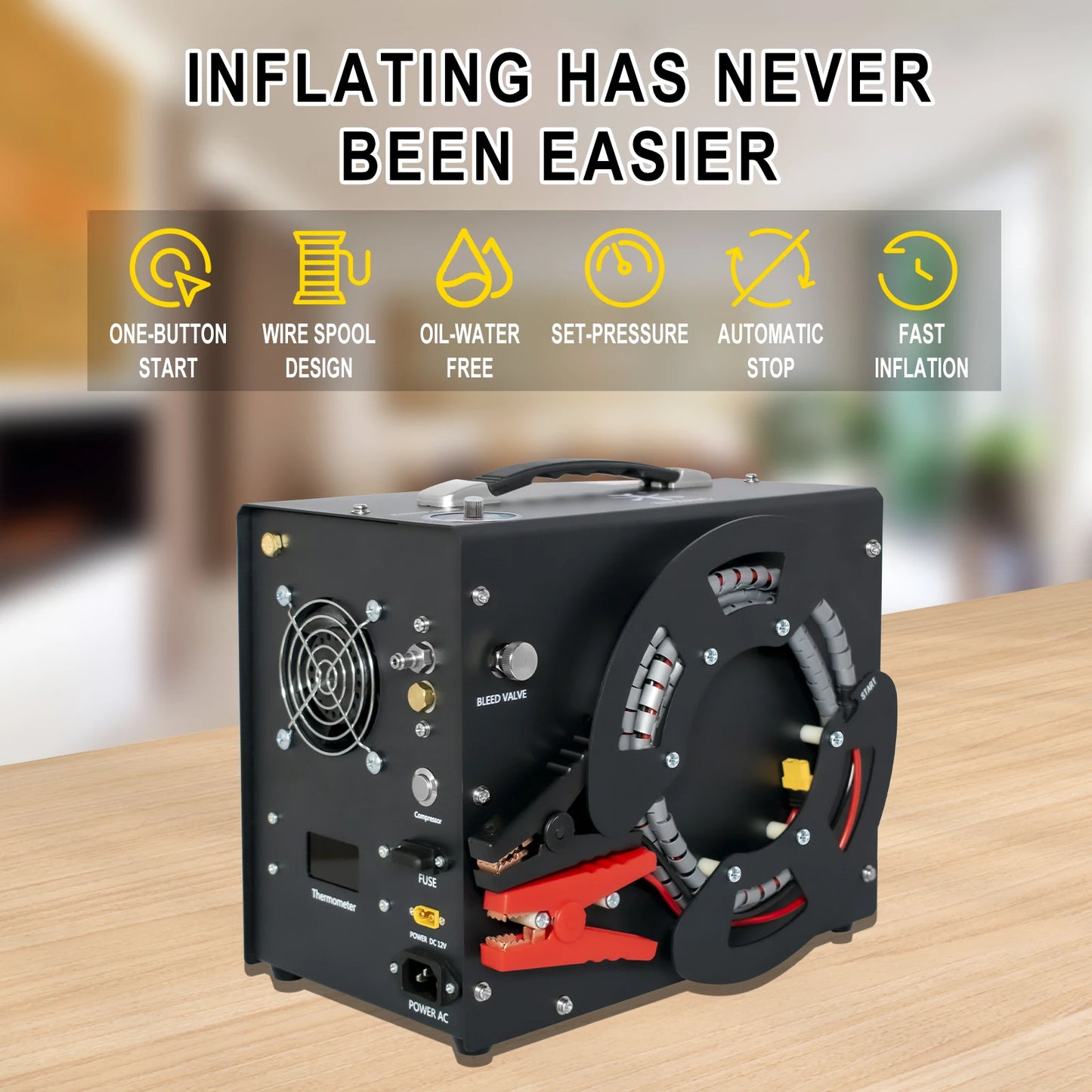 TUXING TXES062 4500Psi 300Bar 12V PCP Air Compressor Portable High Pressure Air Compressor Auto-stop with Wire Spool 12V Power
