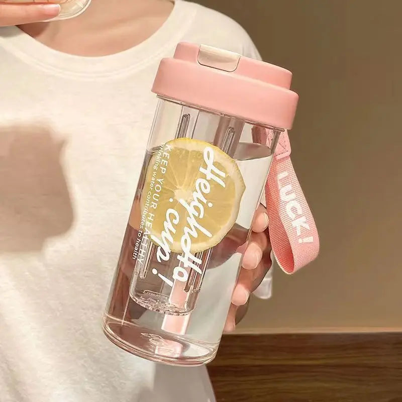 600ml Large Capacity Sports Water Bottle Transparent Plastic Straw Cup with Hand Rope Outdoor Travel Cycling Hiking Gym Jugs