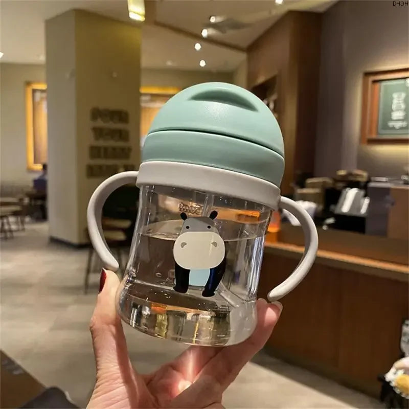 Cartoon Pattern Outdoor Child Drinking Bottle with Straw Baby Feeding Cup Training Portable Handle Water Bottle Watercup