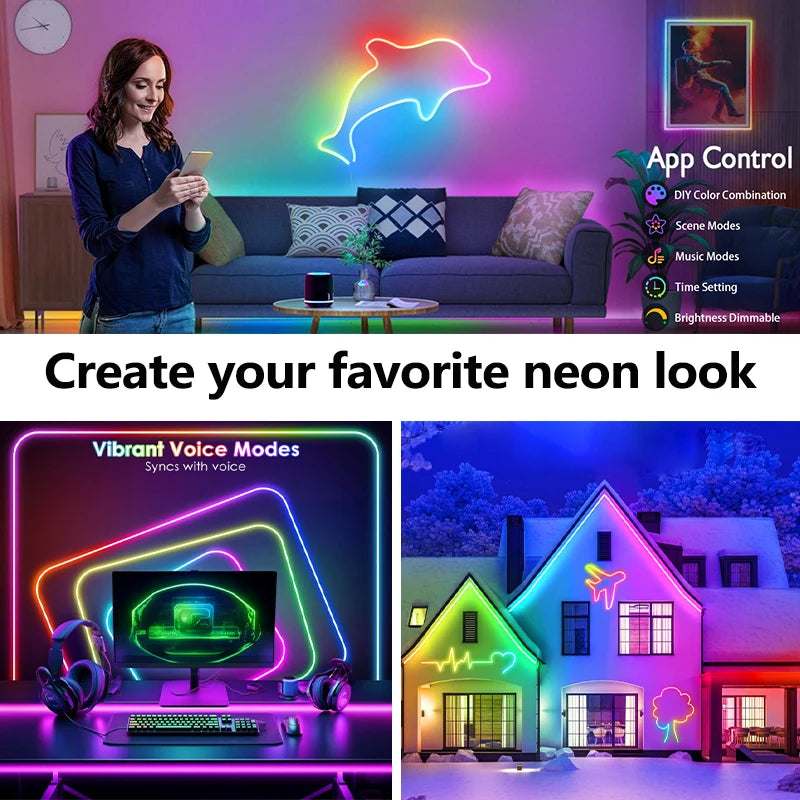 24V RGB Neon LED Strip Light Waterproof Neon Strip Music Sync Bluetooth App and Remote Control for Room Outdoors Decor Lighting