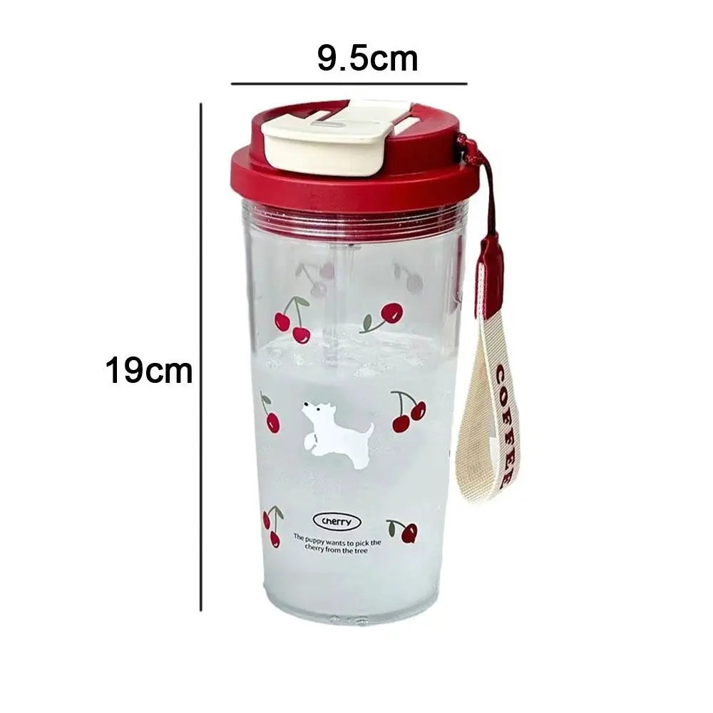 Cute Cartoon Water Cup Double Drinking Water Bottle 550ml Leak-proof Large Capacity Plastic Cups Carrying Rope Coffee Cup