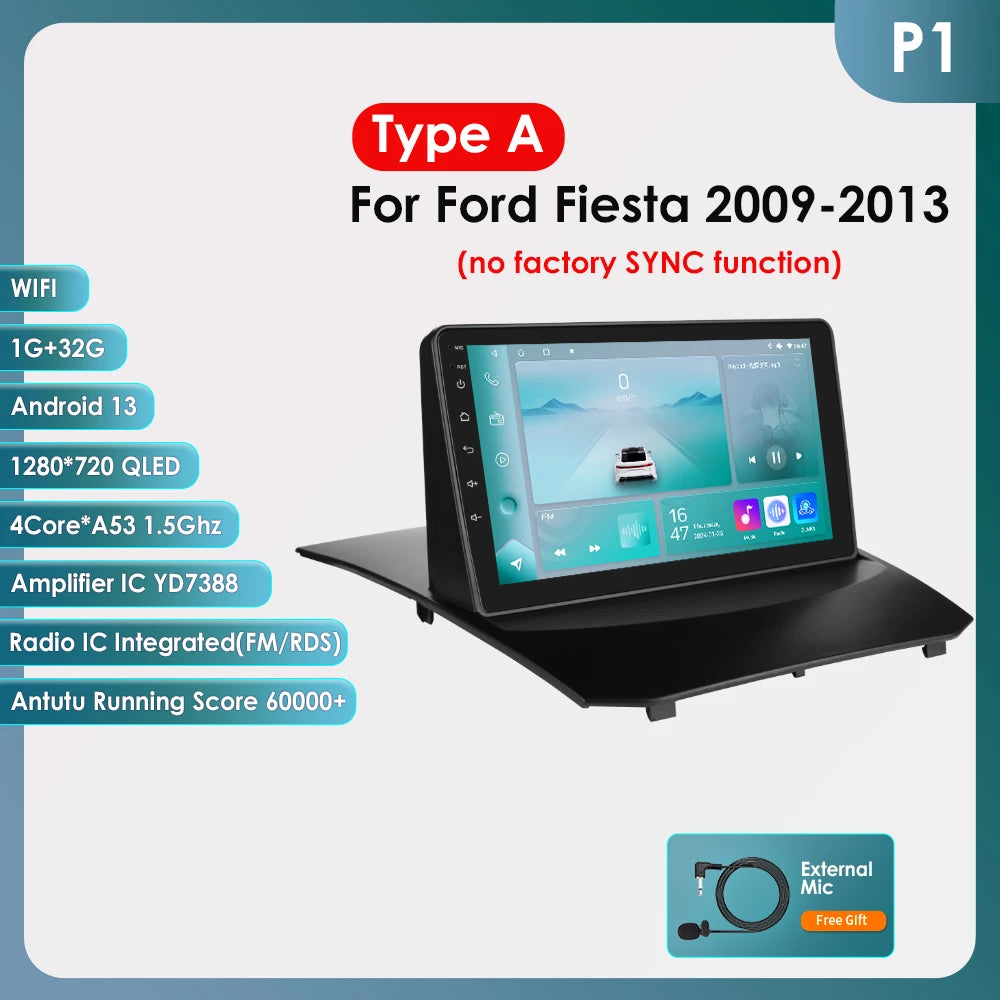 Hizpo 9inch Android13 Car Radio for Ford Fiesta 2009 - 2017 Sync Multimedia DSP RDS CarPlay 4G BT GPS Navigation UI7862 Headunit