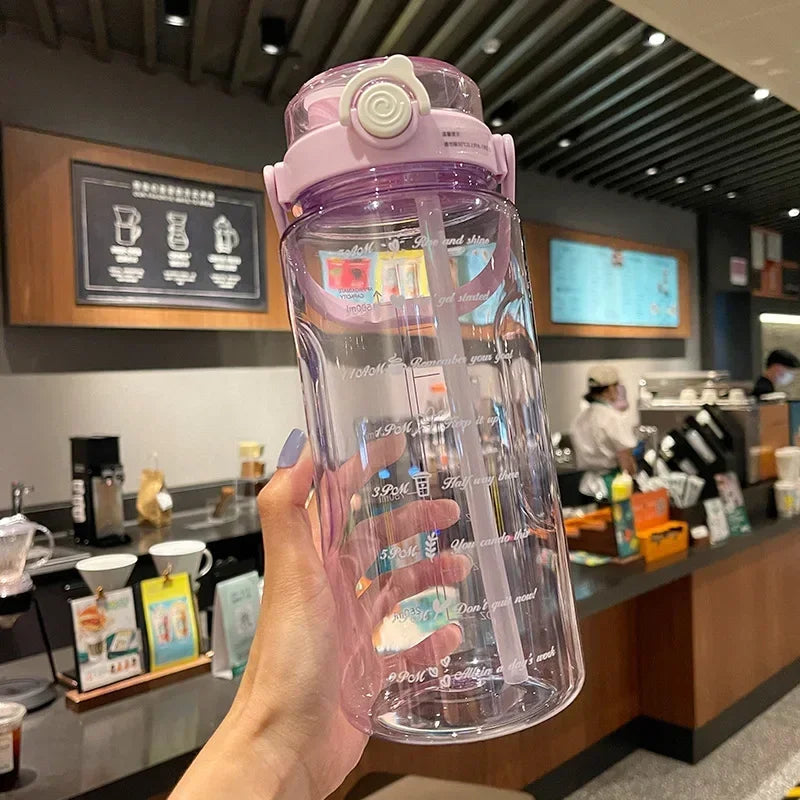 1.5/2Liter Sport Straw Water Bottle with Time Scale Plastic Summer Cold Juice Water Cup Large Capacity Portable Travel Bottles