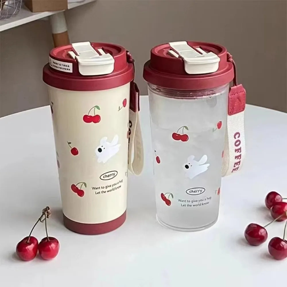 Cute Cartoon Water Cup Double Drinking Water Bottle 550ml Leak-proof Large Capacity Plastic Cups Carrying Rope Coffee Cup