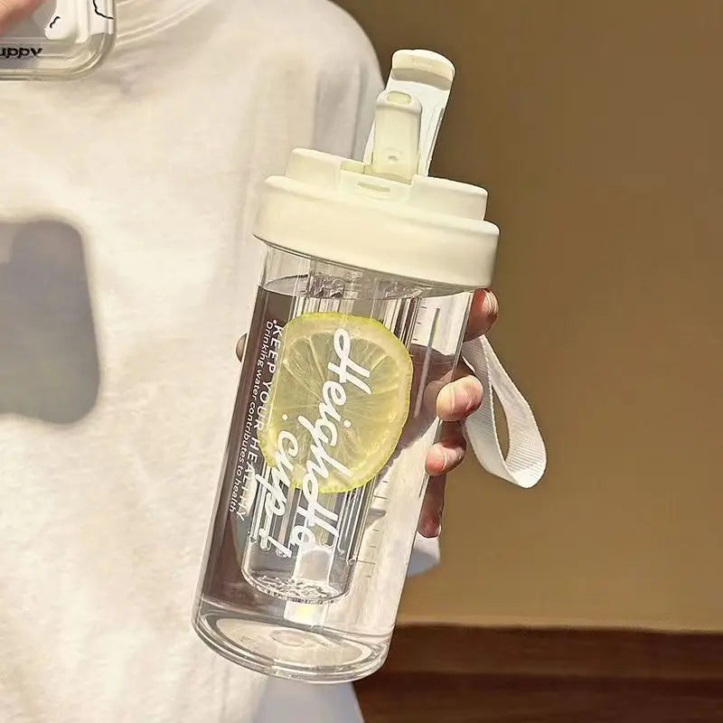 600ml Large Capacity Sports Water Bottle Transparent Plastic Straw Cup with Hand Rope Outdoor Travel Cycling Hiking Gym Jugs