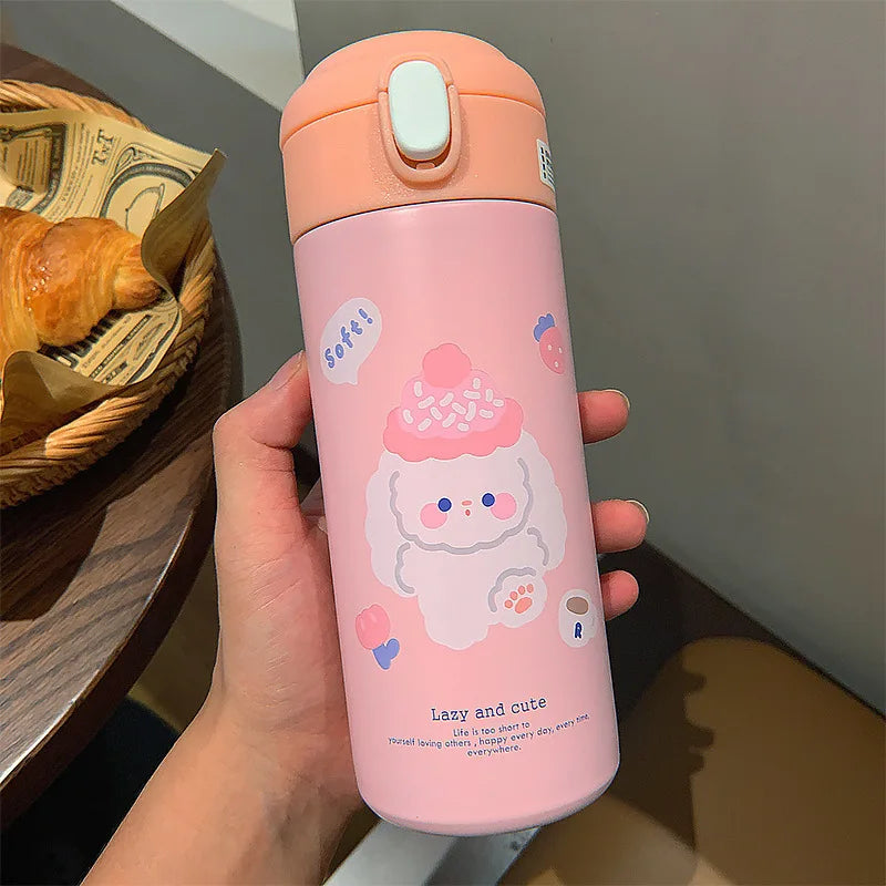380ML Stainless Steel Thermos Vacuum Flask Cute Cartoon Thermal Bouncing Water Bottle Insulated Straw Cups Tumbler Drinkware