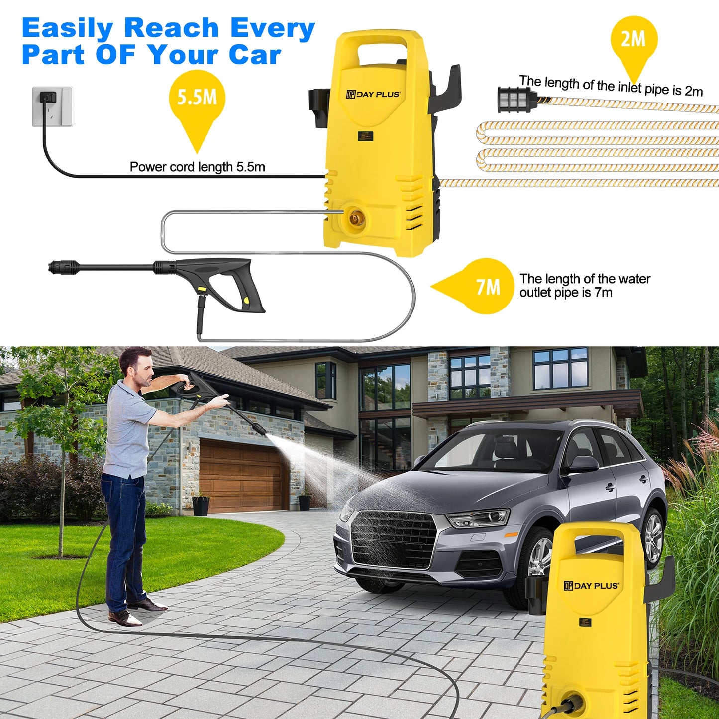1800W Power Washer with 3-in-1 Nozzle, Adjustable Spray Gun for Garden/Driveway/Deck Cleaning, Portable High Pressure Cleaner