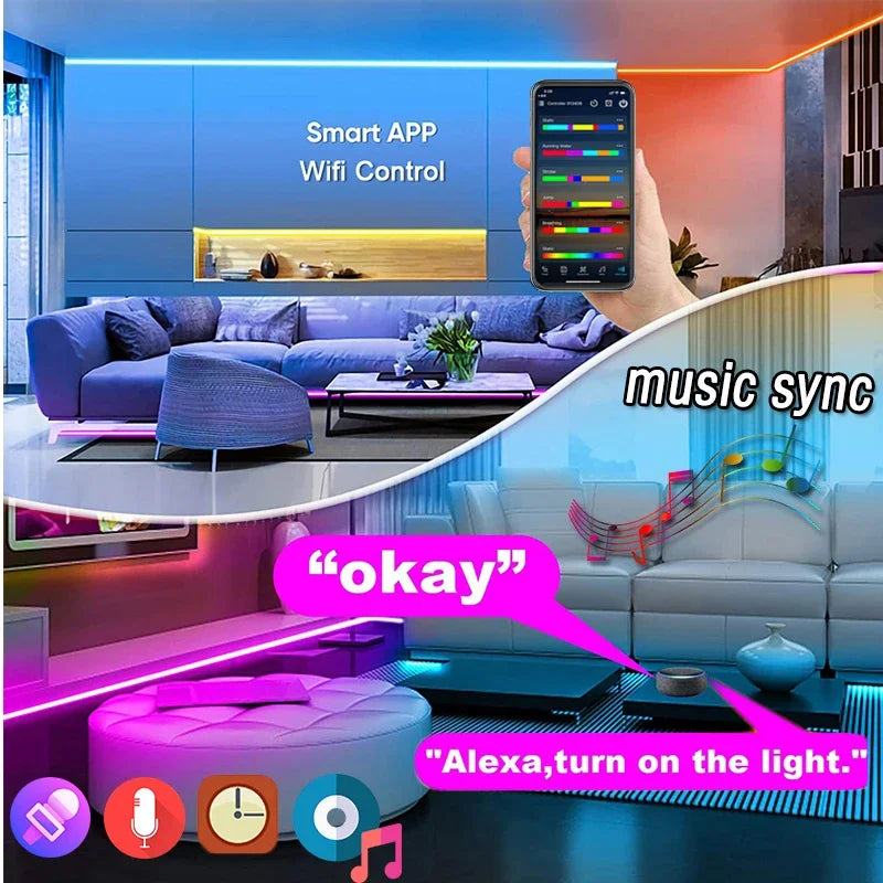 DC12-24V LED Strip Light Wifi RGBIC 10M/32.6ft Atmosphere Light Dreamcolor Addressable Neon Light Lamp Work with Alexa for Home
