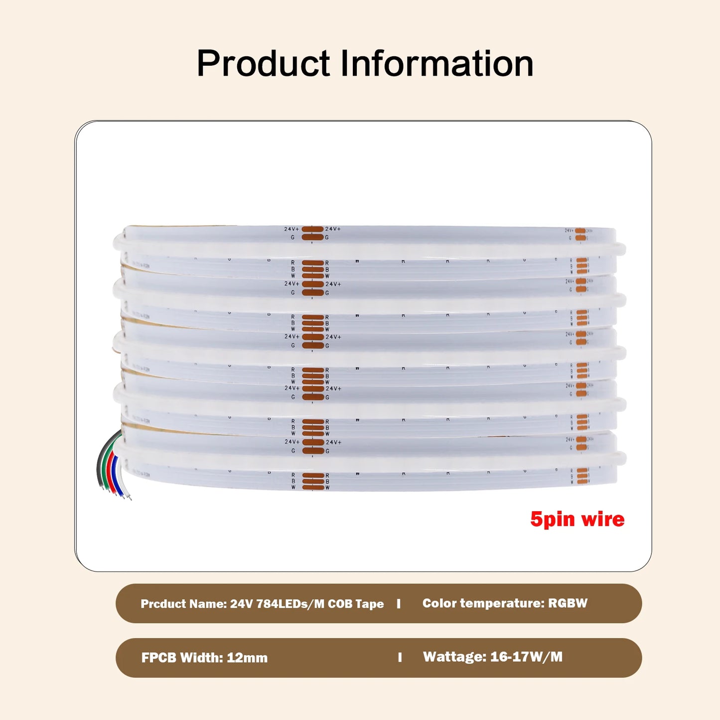 RGB RGBW RGBWW RGBCCT COB LED Strip Light DC12V 24V 840 784 720 576 LEDs/M Flex FCOB LED Tape Light Dimmable Linear Ribbon Tape