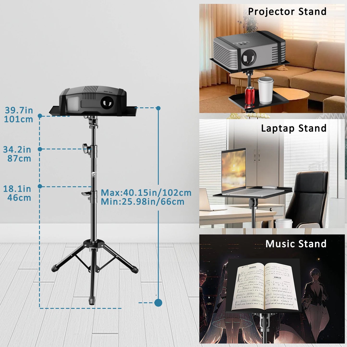 SH 90/125/145CM Projector Tripod Stand With Trays Laptop Tripod, Portable Projector Floor Stand Adjustable Height With Hose Clip