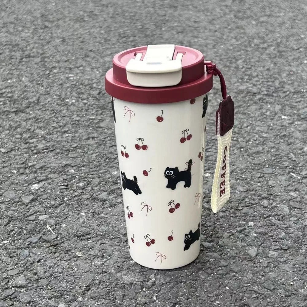 Cute Cartoon Water Cup Double Drinking Water Bottle 550ml Leak-proof Large Capacity Plastic Cups Carrying Rope Coffee Cup