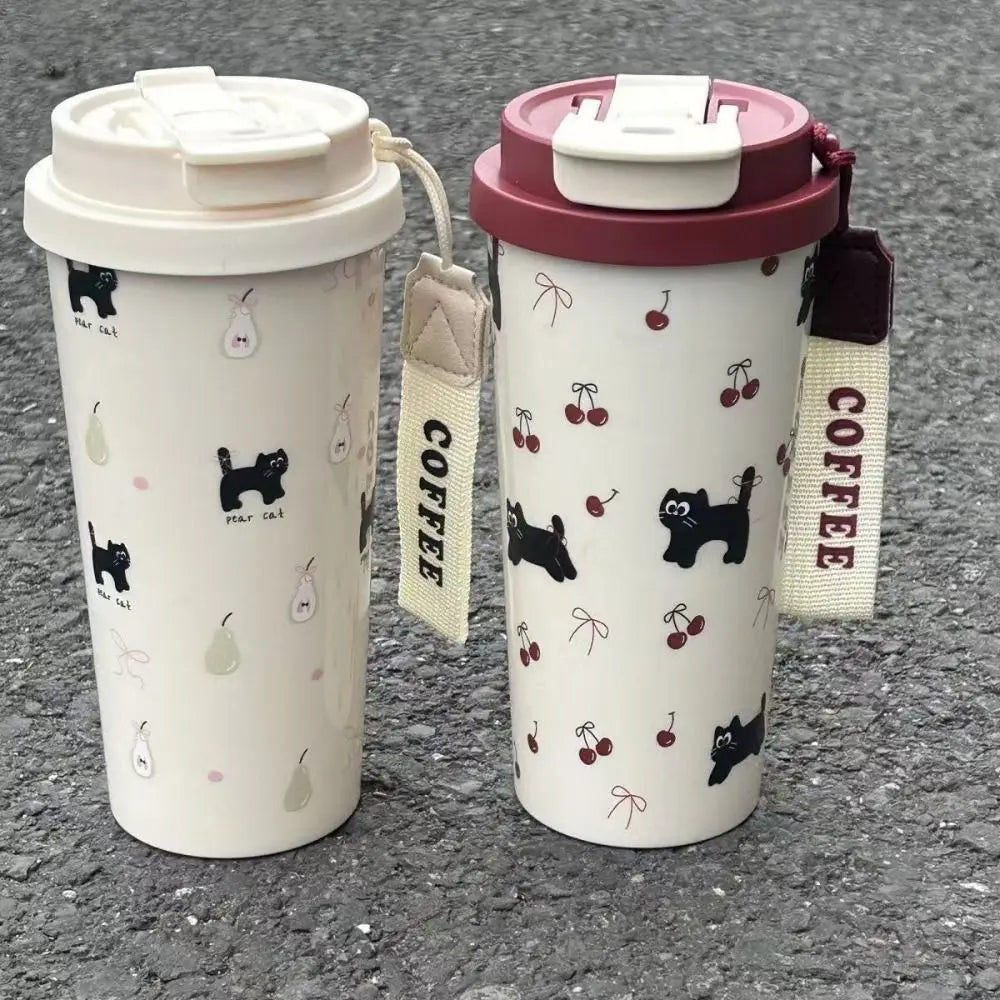 Cute Cartoon Water Cup Double Drinking Water Bottle 550ml Leak-proof Large Capacity Plastic Cups Carrying Rope Coffee Cup