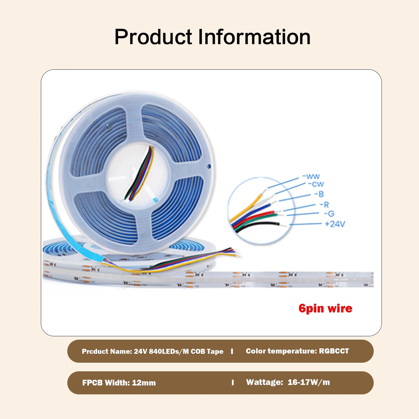 RGB RGBW RGBWW RGBCCT COB LED Strip Light DC12V 24V 840 784 720 576 LEDs/M Flex FCOB LED Tape Light Dimmable Linear Ribbon Tape