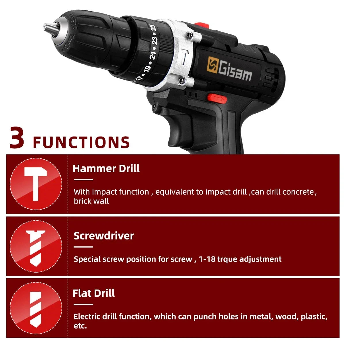 25+3 Torque Portable Cordless Power Drill Set Impact Screw Driver Electric Screwdriver with Rechargeable Battery Power Tool