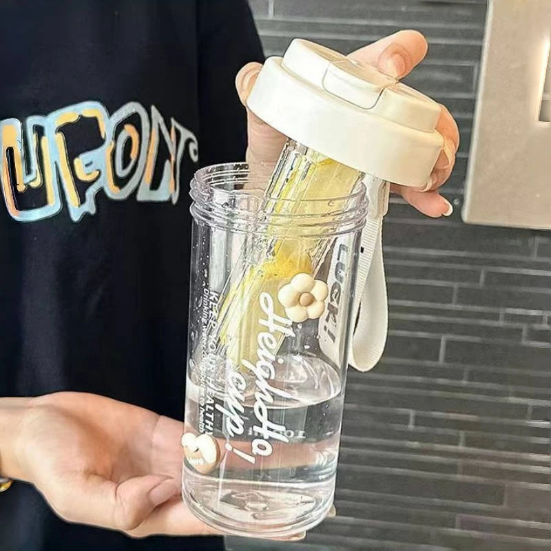 600ml Large Capacity Sports Water Bottle Transparent Plastic Straw Cup with Hand Rope Outdoor Travel Cycling Hiking Gym Jugs