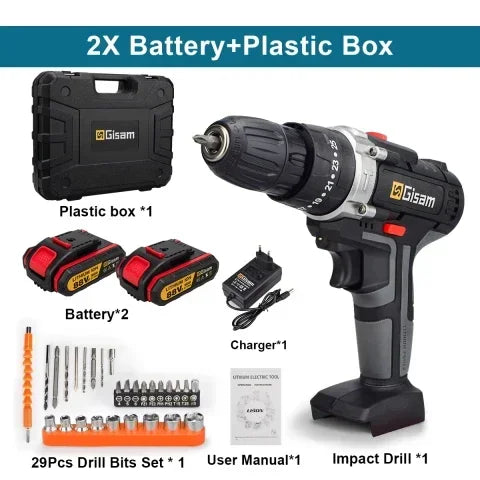 25+3 Torque Portable Cordless Power Drill Set Impact Screw Driver Electric Screwdriver with Rechargeable Battery Power Tool