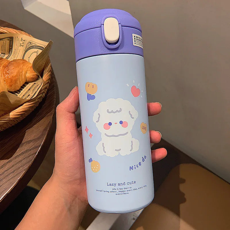 380ML Stainless Steel Thermos Vacuum Flask Cute Cartoon Thermal Bouncing Water Bottle Insulated Straw Cups Tumbler Drinkware