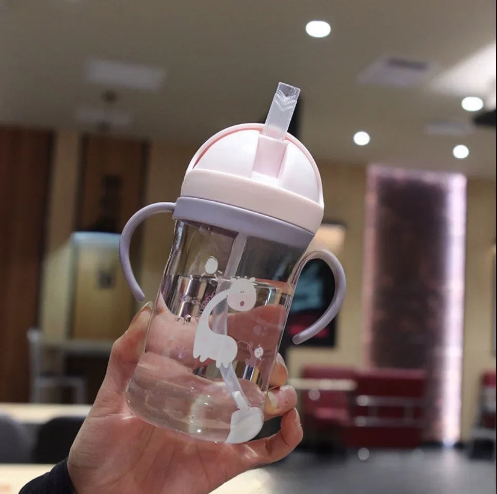 Cartoon Pattern Outdoor Child Drinking Bottle with Straw Baby Feeding Cup Training Portable Handle Water Bottle Watercup
