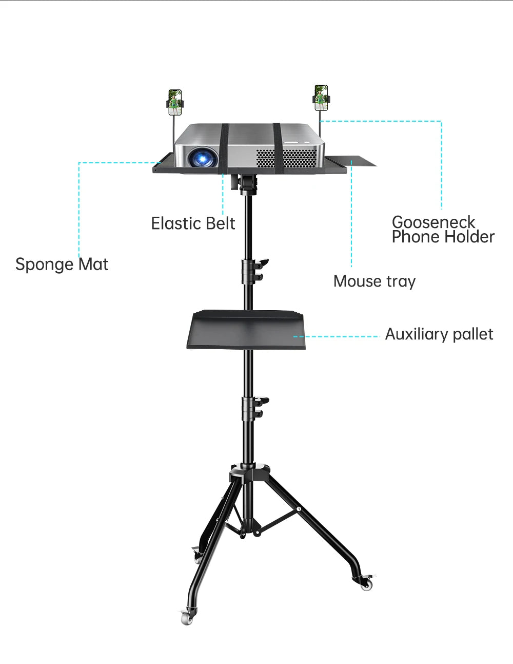 SH 90/125/145CM Projector Tripod Stand With Trays Laptop Tripod, Portable Projector Floor Stand Adjustable Height With Hose Clip