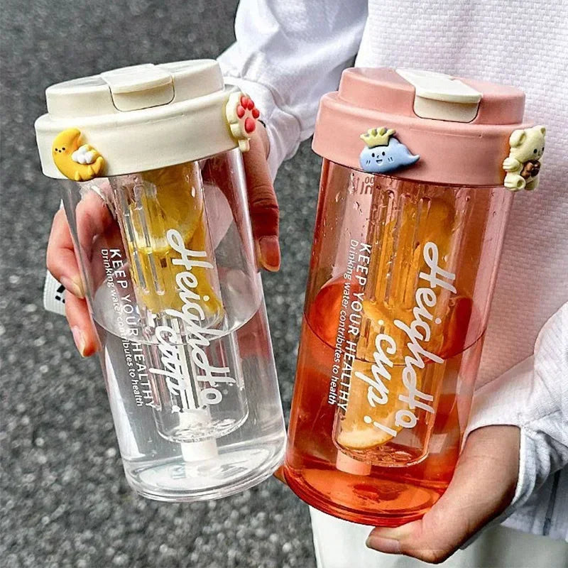 600ML Water Cup Handy Sports Water Bottle Food Grade Material Tea Partition Water Cup Female Straw Summer Portable Bottle