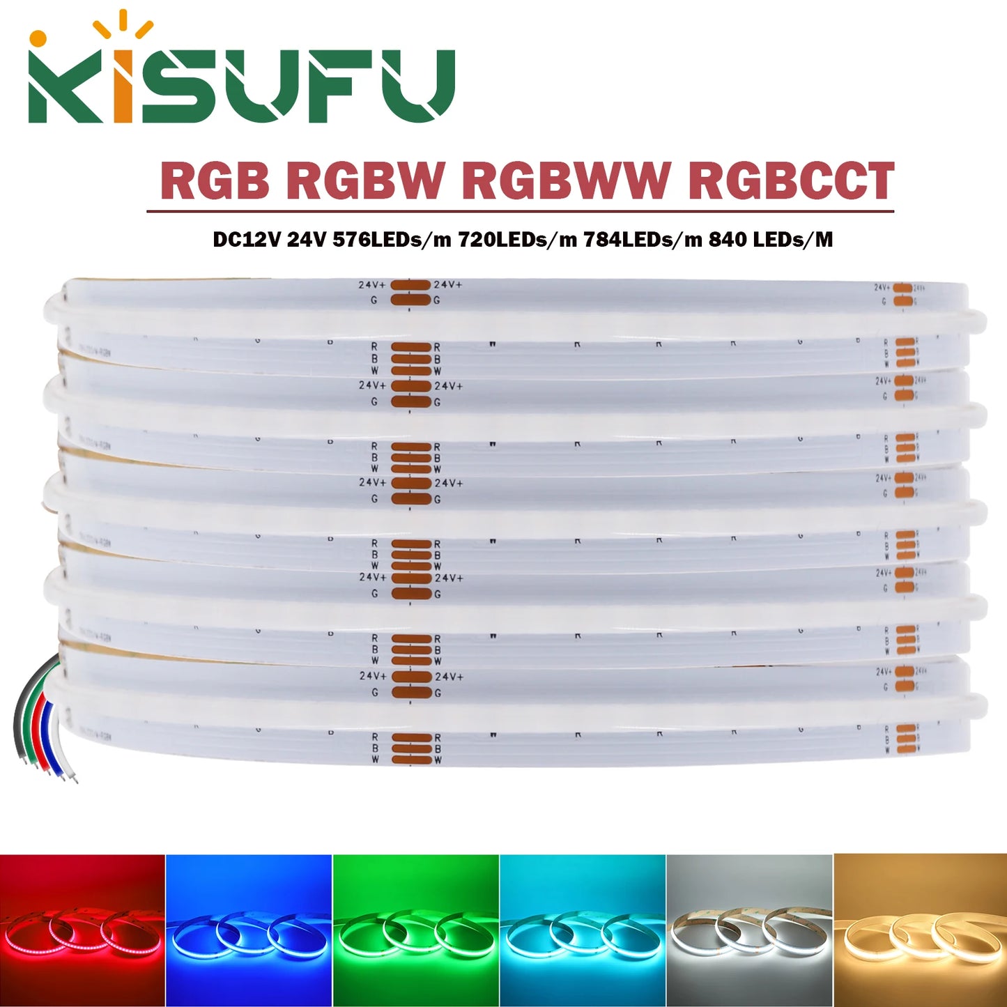 RGB RGBW RGBWW RGBCCT COB LED Strip Light DC12V 24V 840 784 720 576 LEDs/M Flex FCOB LED Tape Light Dimmable Linear Ribbon Tape