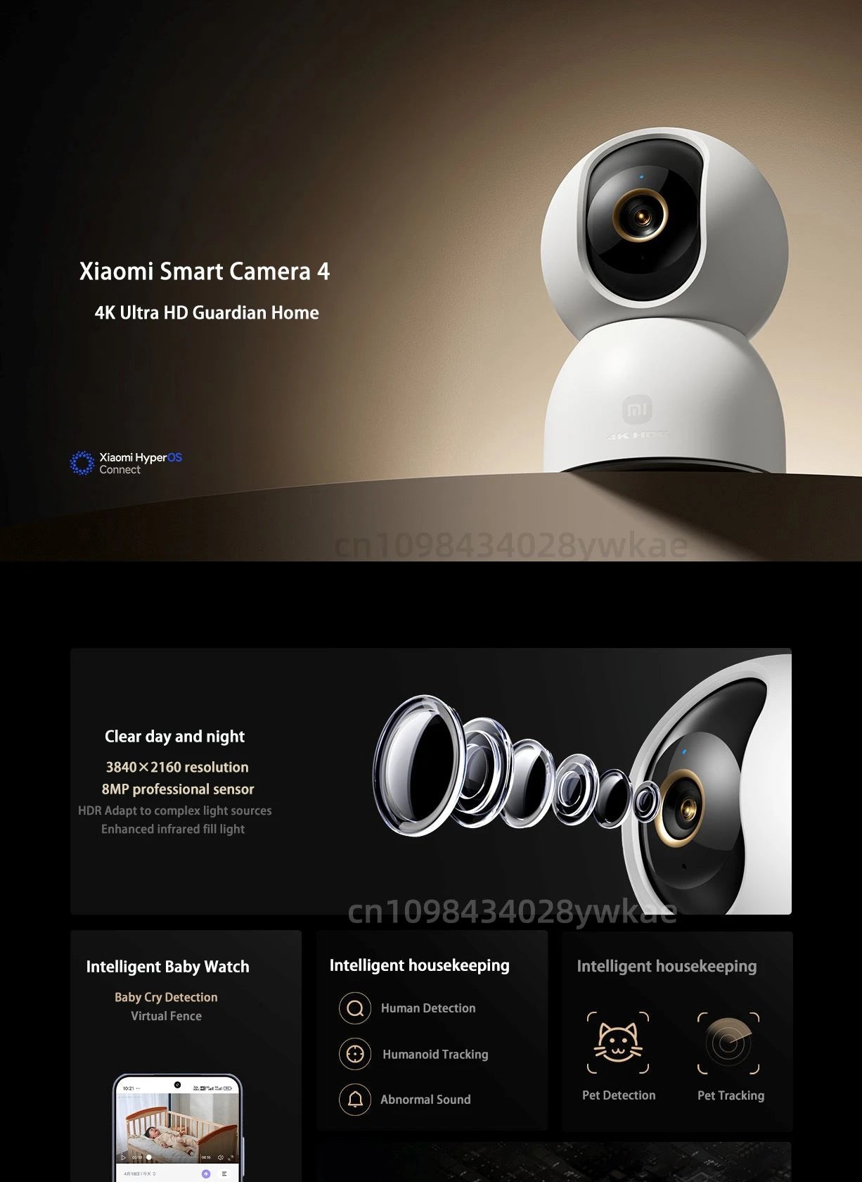XIAOMI Smart Camera 4 8MP 4K UHD Indoor Monitoring Remote 360-degree No-dead-angle Night Vision Network Home Camera