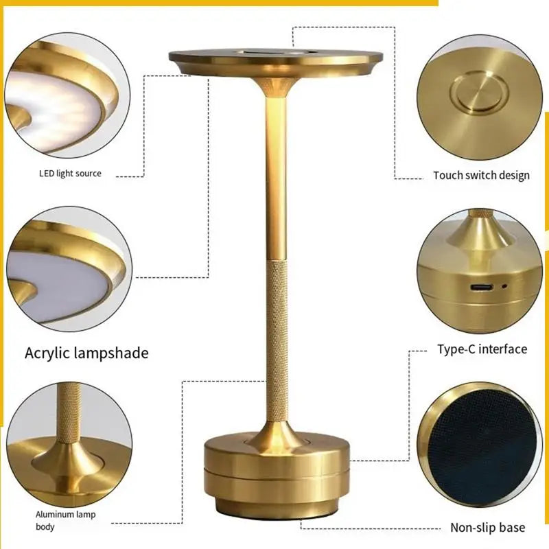 A92P Wireless LED Table Lamp Restaurant Bar Lamp Dimming Atmosphere Portable Charging Touch Read Lamp Bedroom Decor Light Gold