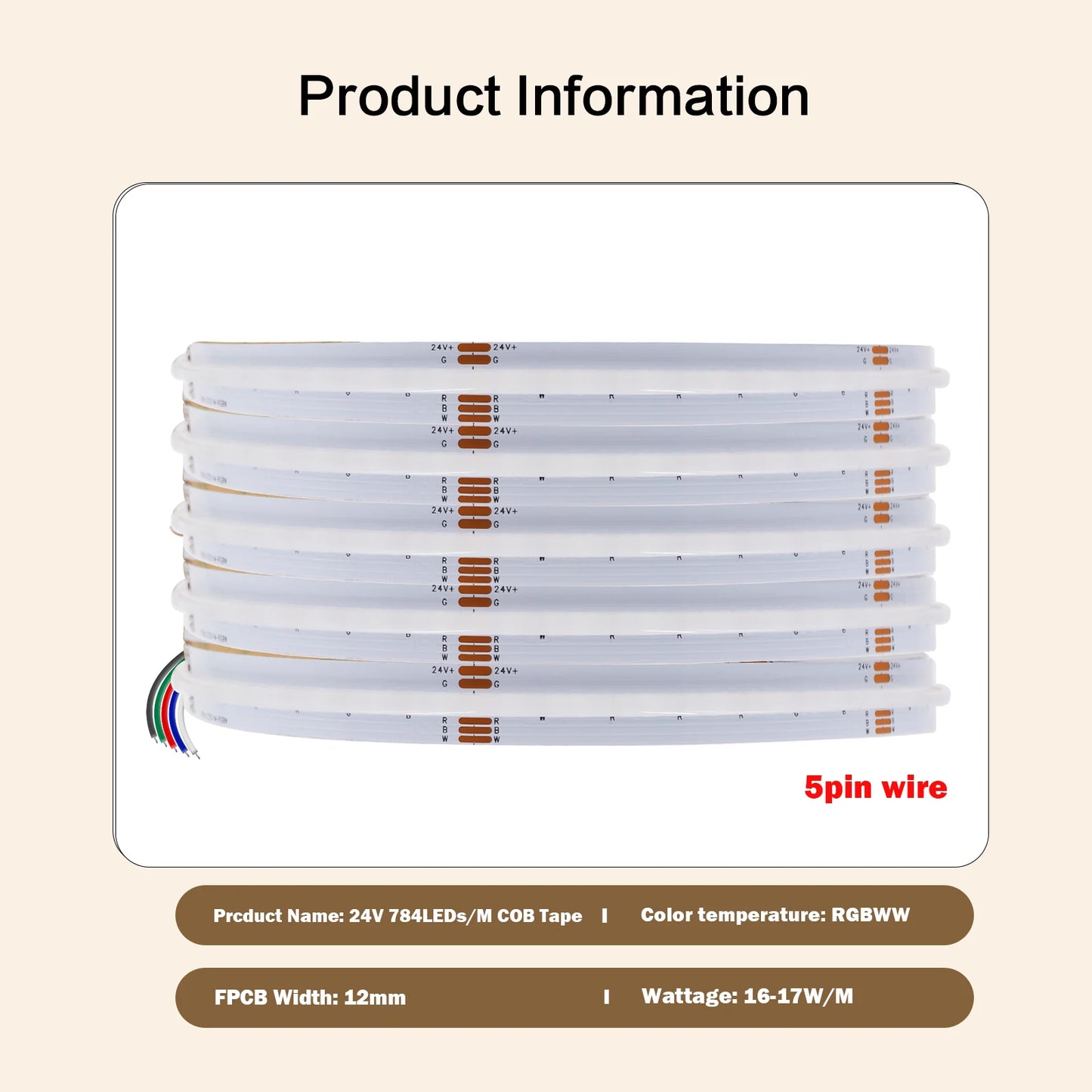 RGB RGBW RGBWW RGBCCT COB LED Strip Light DC12V 24V 840 784 720 576 LEDs/M Flex FCOB LED Tape Light Dimmable Linear Ribbon Tape