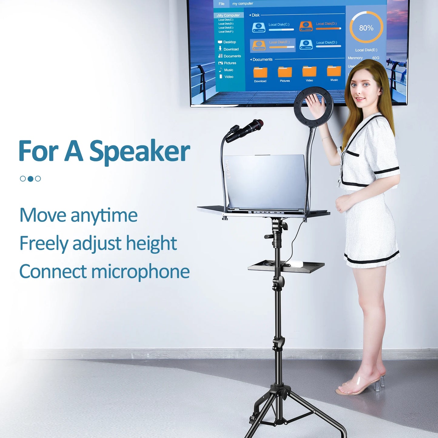 SH 90/125/145CM Projector Tripod Stand With Trays Laptop Tripod, Portable Projector Floor Stand Adjustable Height With Hose Clip