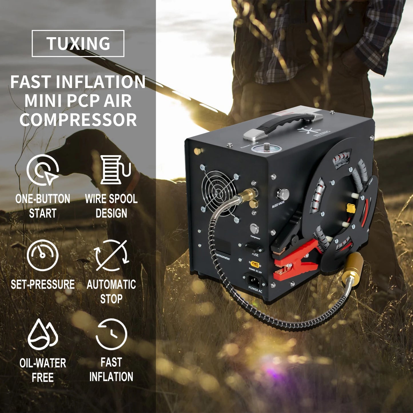 TUXING TXES062 4500Psi 300Bar 12V PCP Air Compressor Portable High Pressure Air Compressor Auto-stop with Wire Spool 12V Power