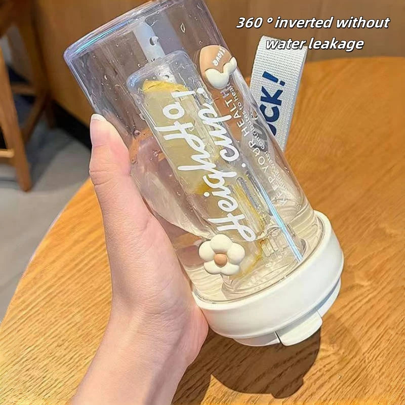 600ml Large Capacity Sports Water Bottle Transparent Plastic Straw Cup with Hand Rope Outdoor Travel Cycling Hiking Gym Jugs