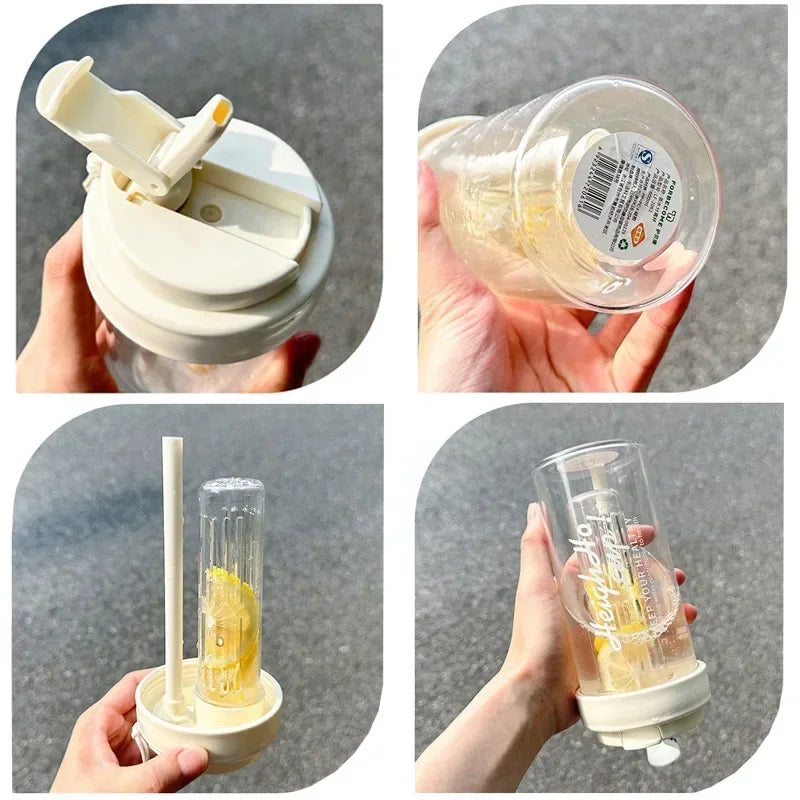 600ML Water Cup Handy Sports Water Bottle Food Grade Material Tea Partition Water Cup Female Straw Summer Portable Bottle