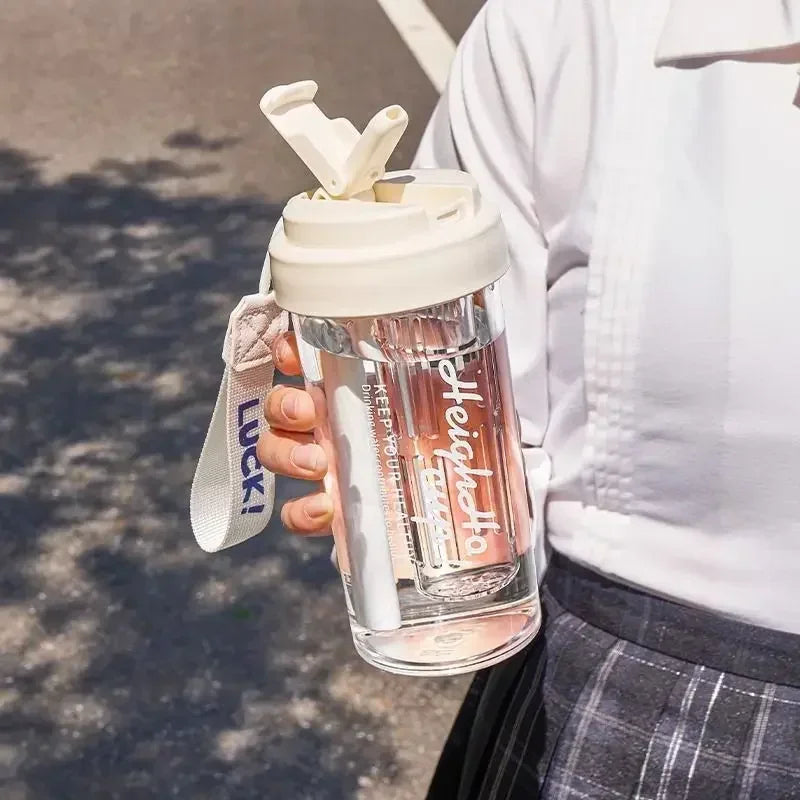 600ML Water Cup Handy Sports Water Bottle Food Grade Material Tea Partition Water Cup Female Straw Summer Portable Bottle