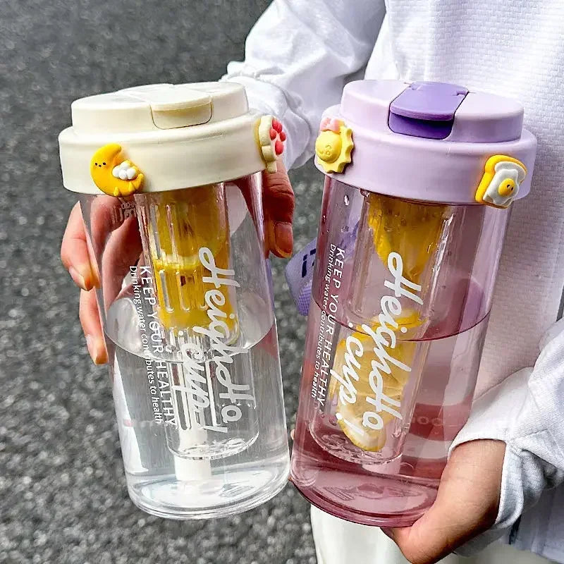 600ML Water Cup Handy Sports Water Bottle Food Grade Material Tea Partition Water Cup Female Straw Summer Portable Bottle