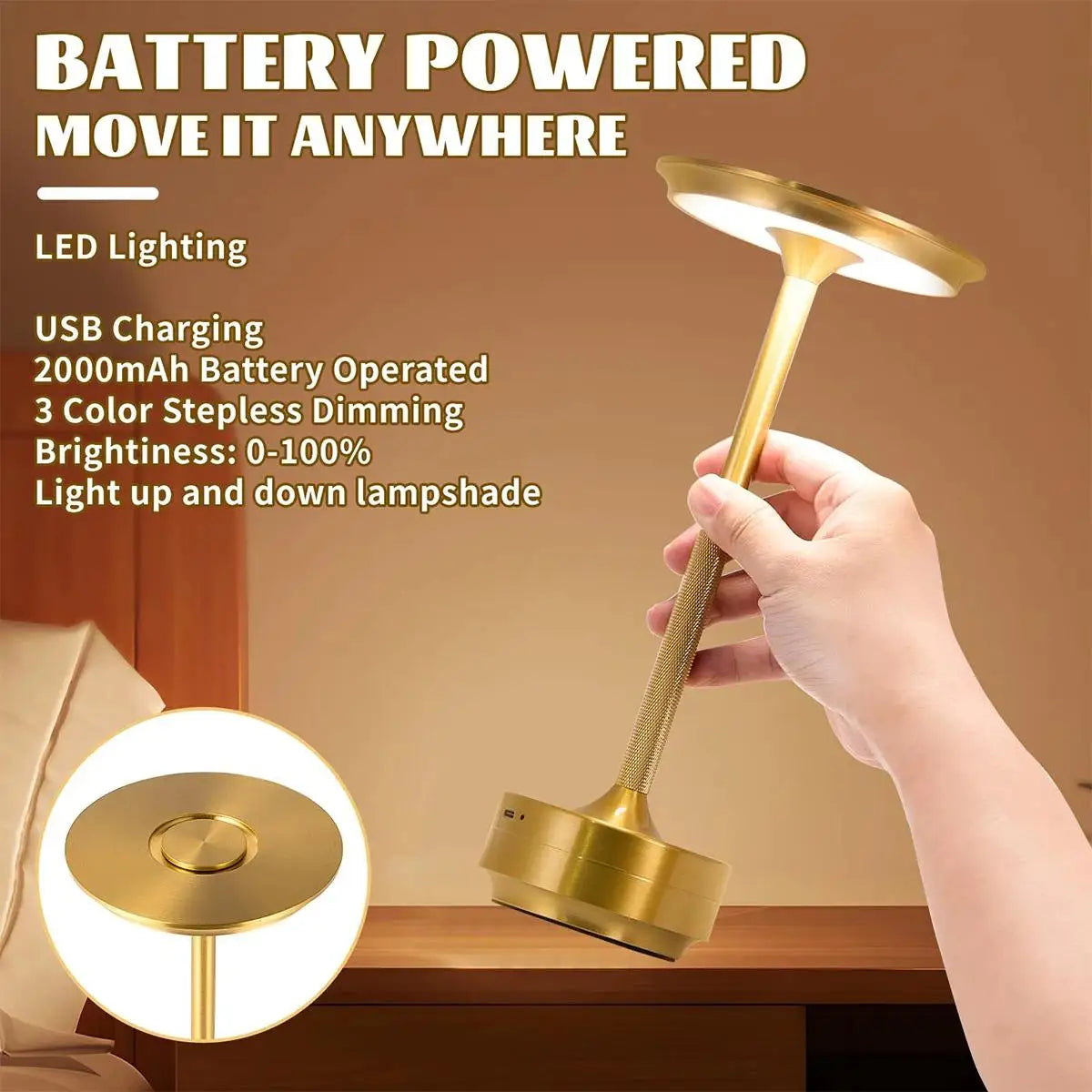 3 Color Table Lamp Black Led Rechargeable Usbc Silver Usb Gold Night Touch Dimmable Touch Control Eye Protected Bedside Aluminum