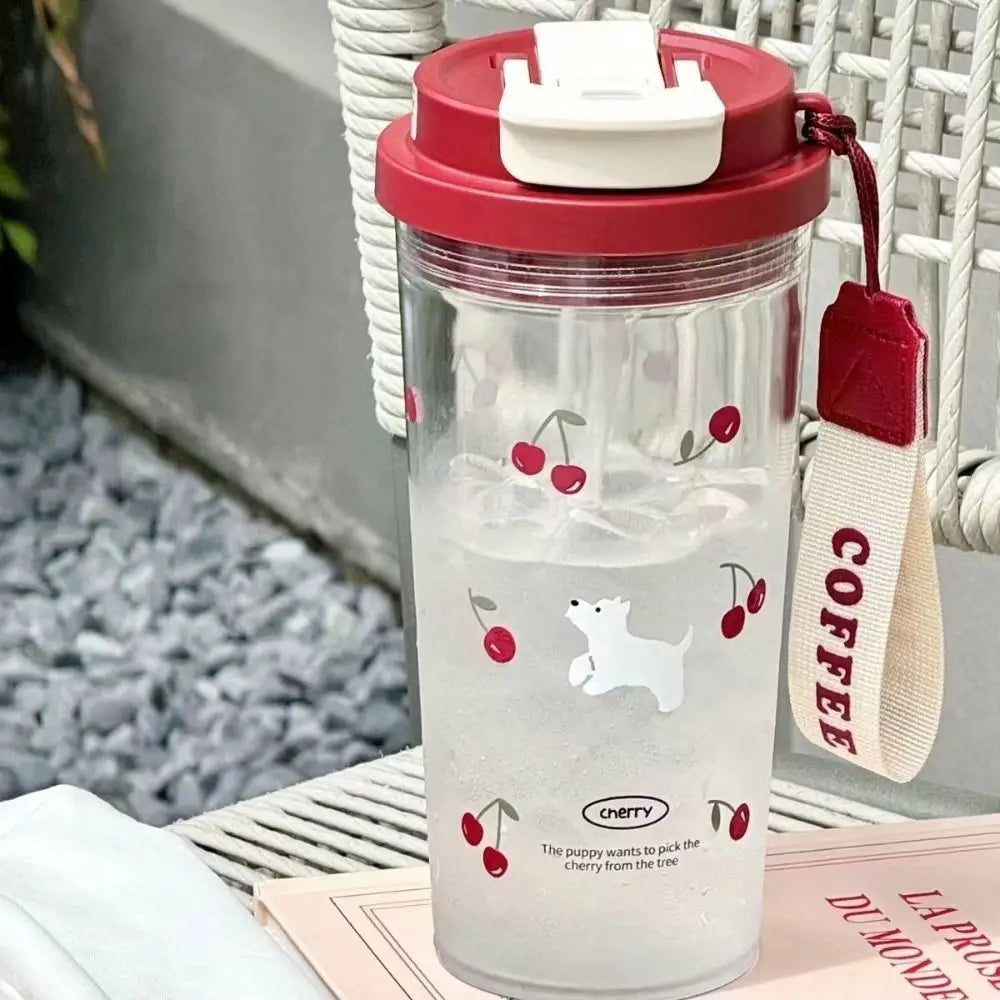 Cute Cartoon Water Cup Double Drinking Water Bottle 550ml Leak-proof Large Capacity Plastic Cups Carrying Rope Coffee Cup