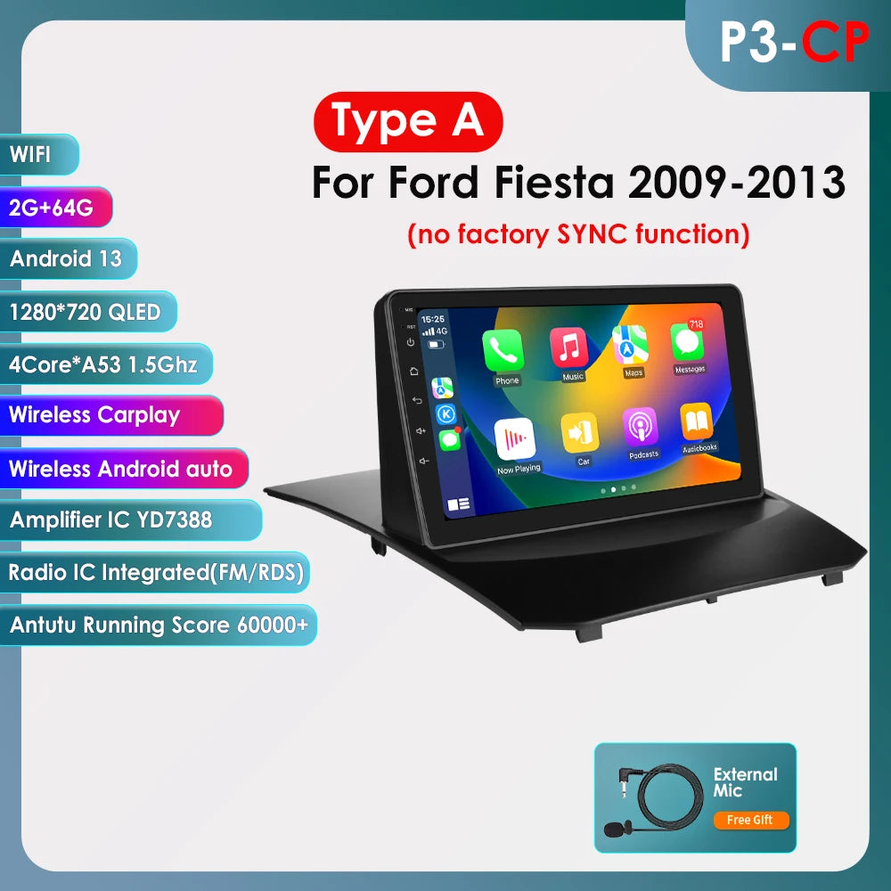 Hizpo 9inch Android13 Car Radio for Ford Fiesta 2009 - 2017 Sync Multimedia DSP RDS CarPlay 4G BT GPS Navigation UI7862 Headunit